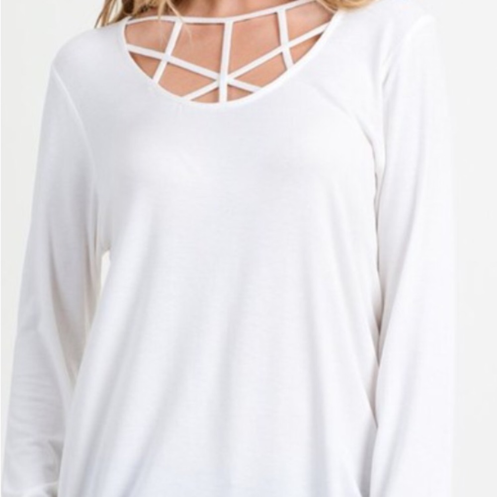 JODIFL White Long Sleeve Top with Geometric Neckline